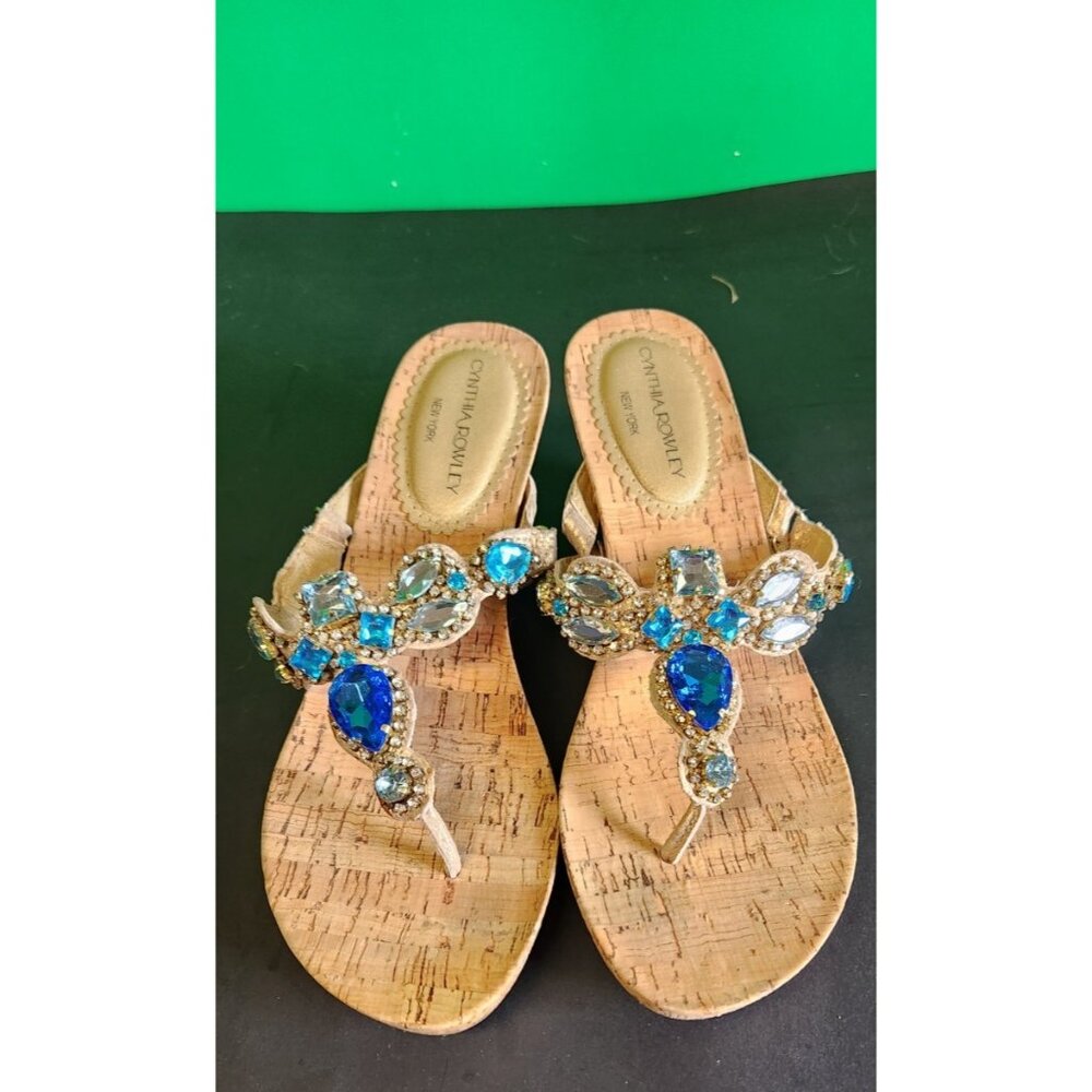 CYNTHIA ROWLEY Sandal Womens Sz 6 Embellished Jewel Stones Mule Low Wedge Brown